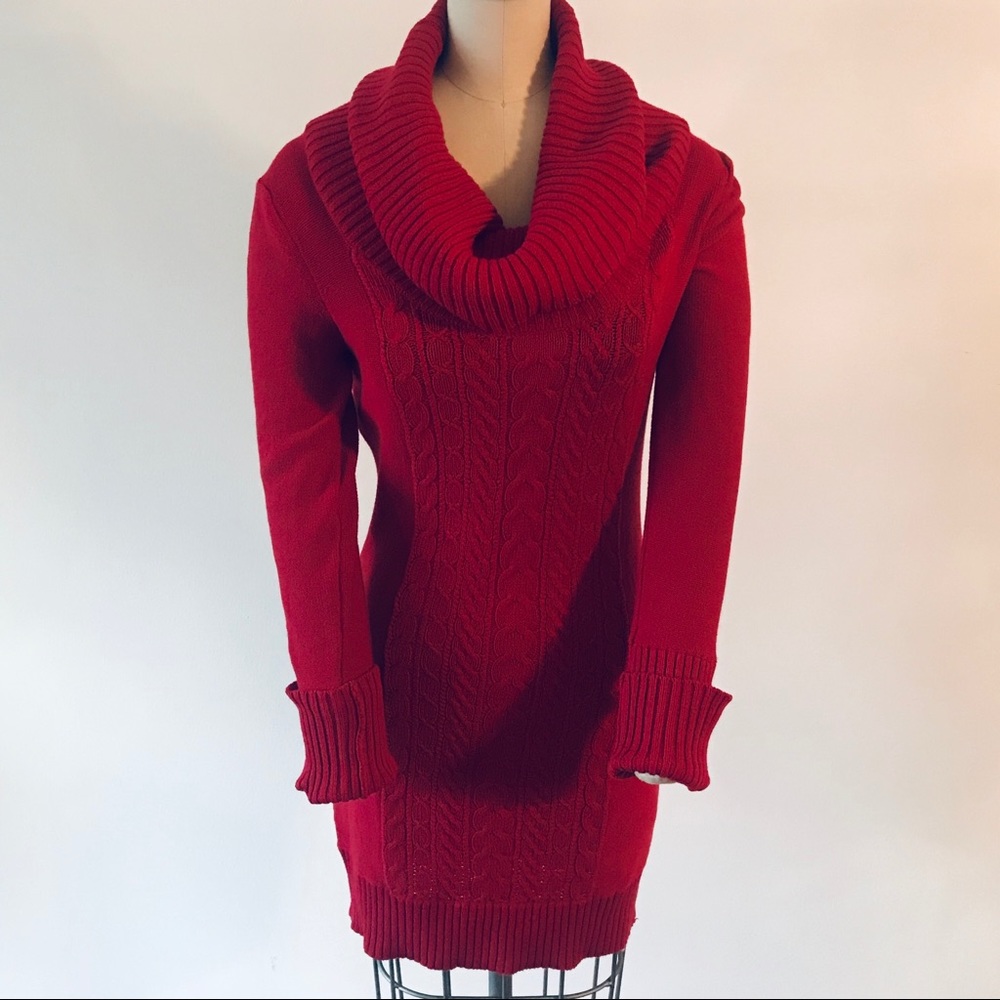 Red Cowl Neck Cable Knit BCBG Sweater Dress Small